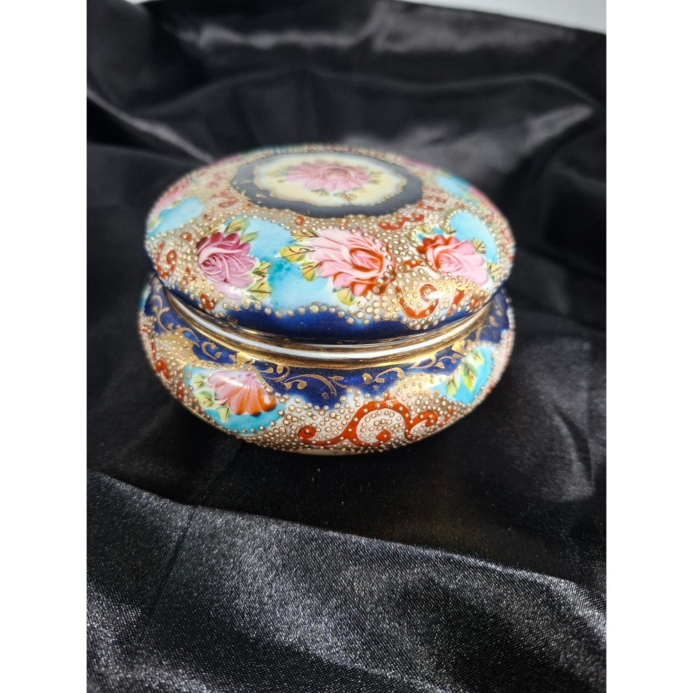Antique 1900 Kinran nippon powder Box Floral Gold Gilt Round